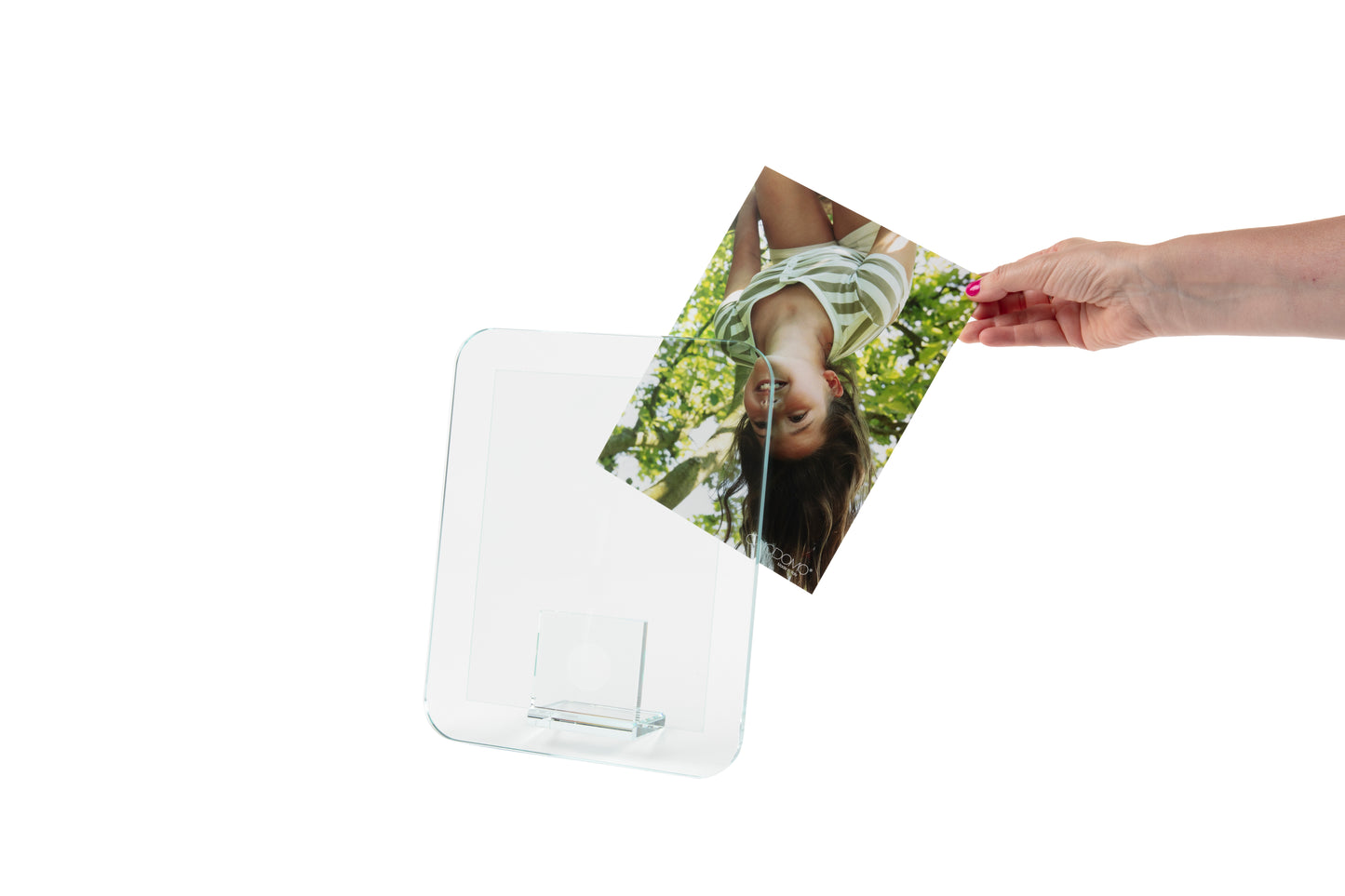 Raggio–Portafoto in cristallo extrachiaro 12 mm angoli raggio 30 filo lucido sagomato Made in Italy