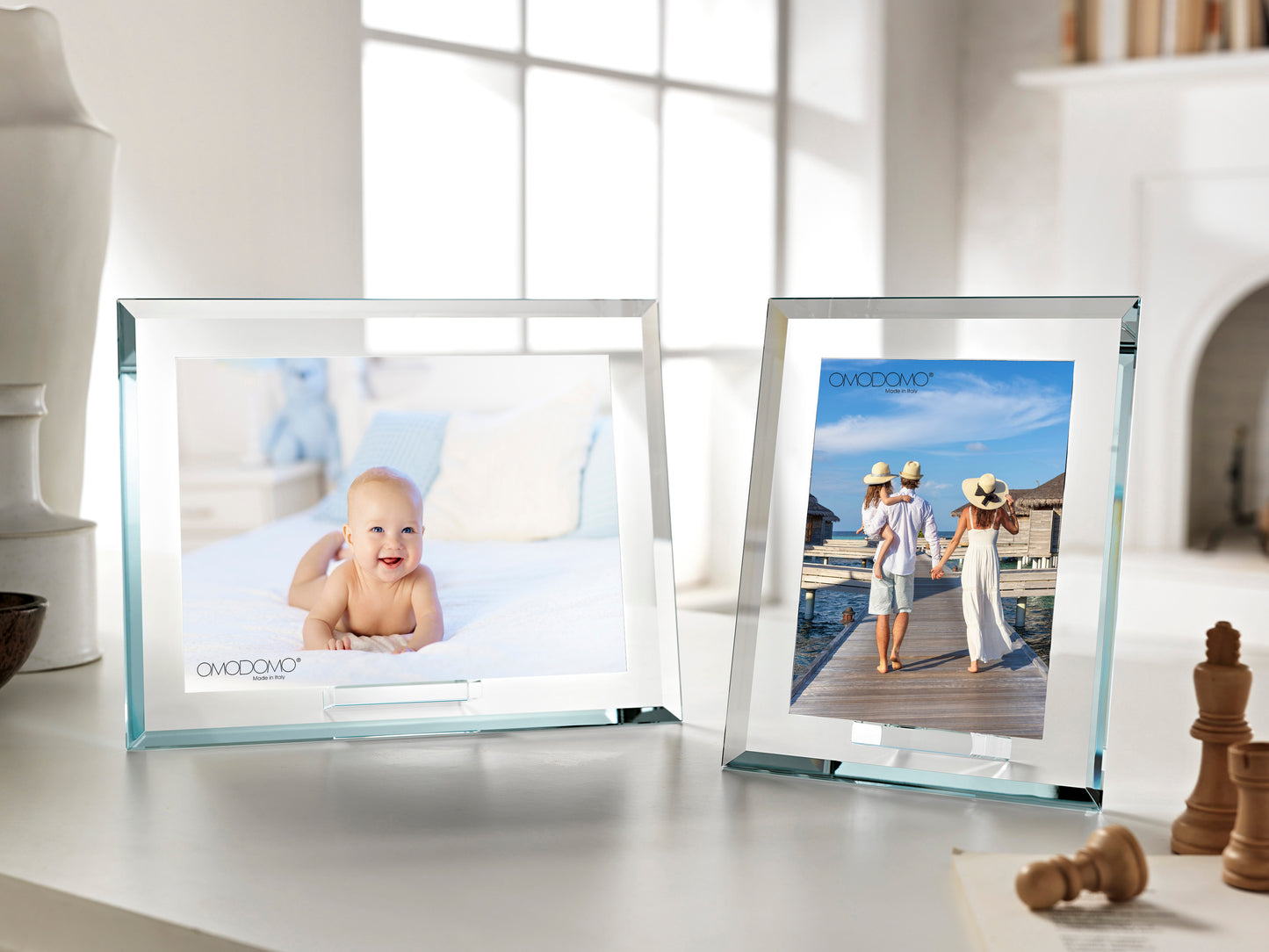 Quattro–Portafoto in cristallo extrachiaro 12 mm bordi molati 45° Made in Italy