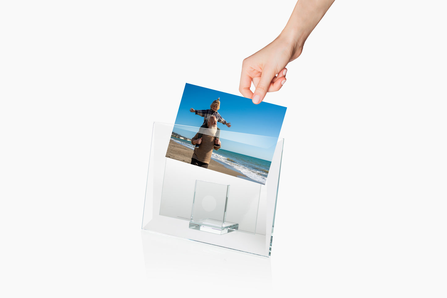 Quarter–Portafoto in cristallo extrachiaro 12 mm bordi molati 28° Made in Italy