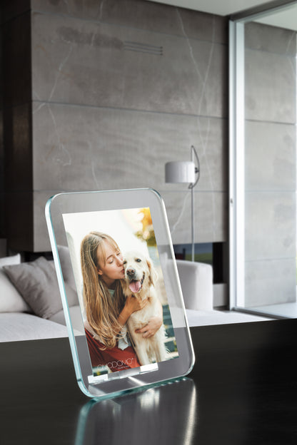 Raggio–Portafoto in cristallo extrachiaro 12 mm angoli raggio 30 filo lucido sagomato Made in Italy