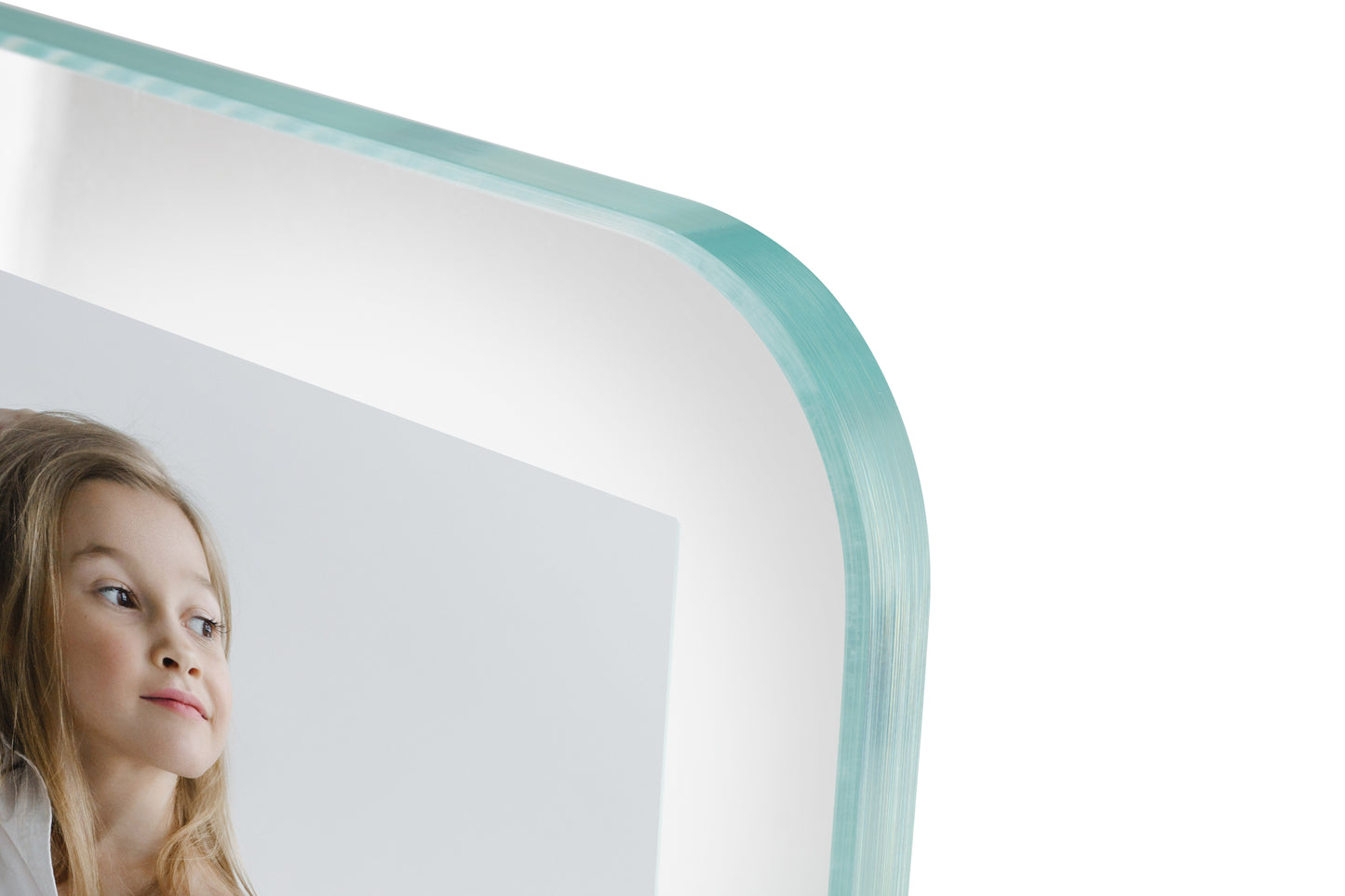 Raggio–Portafoto in cristallo extrachiaro 12 mm angoli raggio 30 filo lucido sagomato Made in Italy